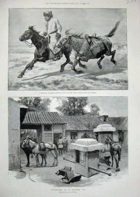 Mongolski kurier podczas jazdy i wymiany koni w 1894 r. (Źródło: http://www.old-print.com/mas_as sets/full/N7371937239.jpg) 